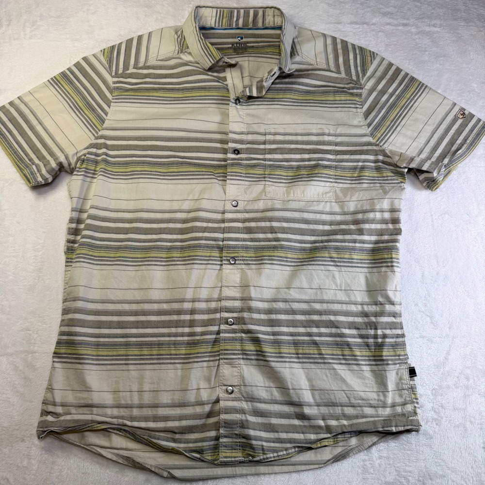Kuhl Mens Short Sleeve Button Down Shirt Striped Earth Tone Hiking Medium